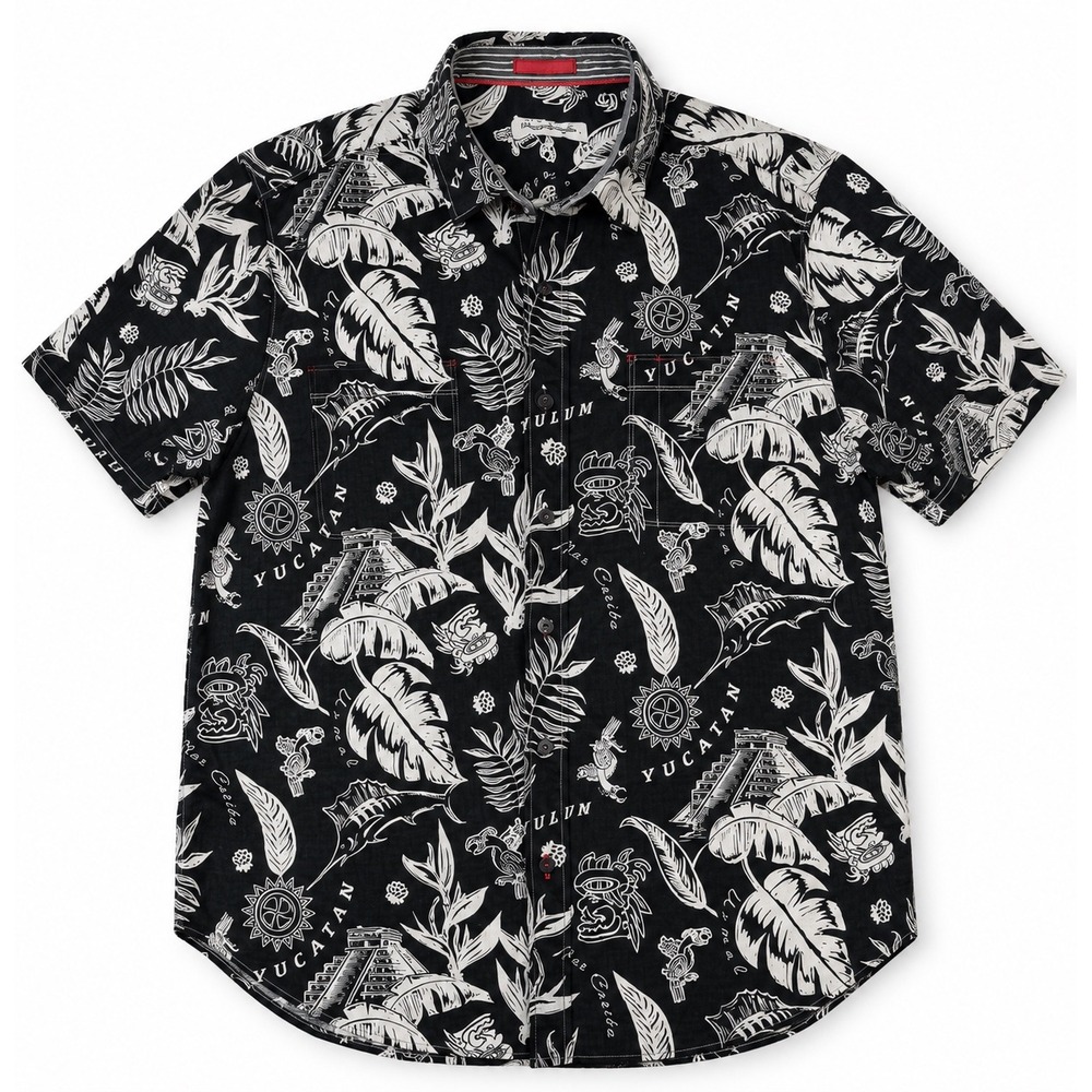 Tommy Bahama Mens Yucatan Tulum Mayan Pyramid Tropical Shirt Black White L